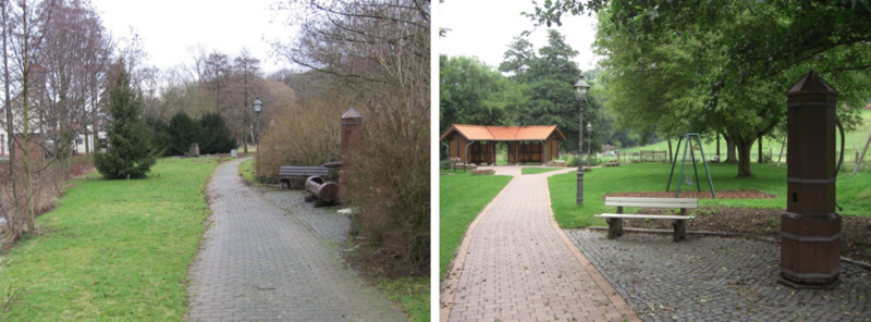Gegenüberstellung zweier Fotos als Beispiel für einen Dorfplatz vorher und nachher – ein neuer Treffpunkt für Dorffeste wurde geschaffen 